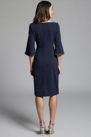 Navy Sheath Midi Dress with Flutter Sleeves